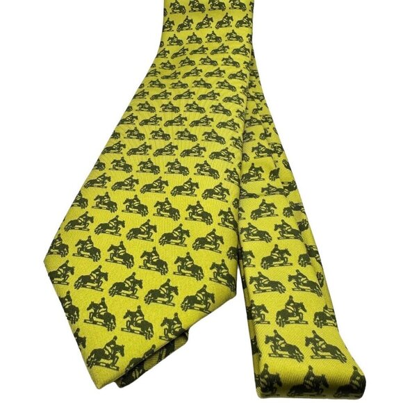 Hermés Paris Men's Vintage Horses Print Yellow Tie 100% Silk - Picture 6 of 6